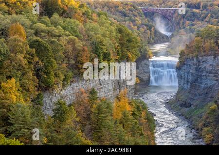 Upper and Middle Falls on the Genesse RIver at dusk from Inspriation Point in Letchworth State Park, New York.