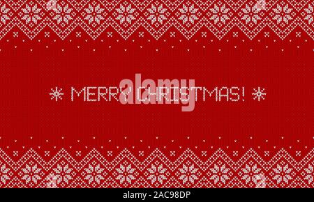 Merry Christmas! Knitted sweater background with greeting text. Red and white horizontal banner with traditional scandinavian patterns. Vector. Stock Vector