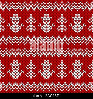 Knitted seamless pattern with snowmen and Christmas trees. Vector background. Red and white sweater ornament for winter holidays design. Stock Vector
