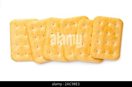 Cracker biscuits isolated on white background. Top view, flat lay Stock Photo