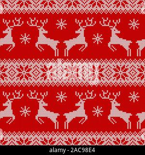 Knitted seamless pattern with deers, snowflakes and scandinavian ornament. Red and white sweater background for Christmas or winter design. Vector. Stock Vector