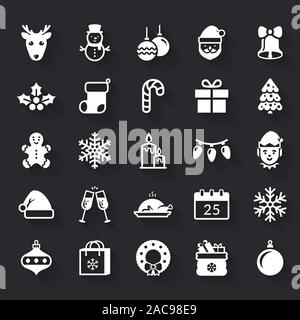 Christmas and New Year white flat icons. Winter holiday set: Santa, Elf, snowman, gingerbread cookie, Christmas tree, snowflakes, deer, gifts. Vector Stock Vector
