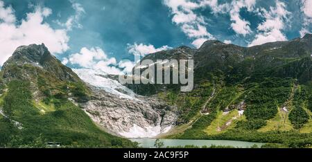 Jostedalsbreen National Park, Sogn Og Fjordane County, Norway. Boyabreen Glacier Landscape In Spring Sunny Day. Famous Norwegian Landmark And Popular Stock Photo