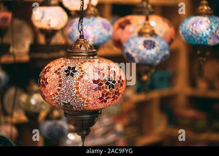 Turkey. Market With Many Traditional Colorful Handmade Turkish Lamps And Lanterns. Lanterns Hanging In Shop For Sale. Popular Souvenirs From Turkey. Stock Photo