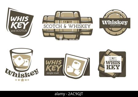 Whiskey and scotch isolated icons, alcohol drink production Stock Vector