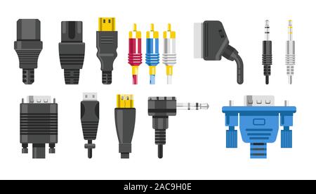 Plugs isolated icons, connection cables and connectors, audio or video adapters Stock Vector