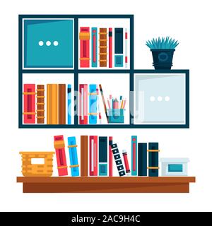 Home library or book store, bookshelves isolated icons Stock Vector