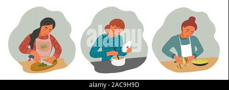 Set of the girls is cooking. Young womans with pan, knife and ladle. Vector flat illustration Stock Vector