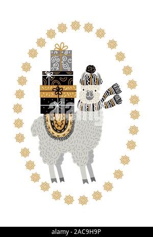 Cute llama with gifts. Vector monochrome Illustration of scandinavian style Stock Vector