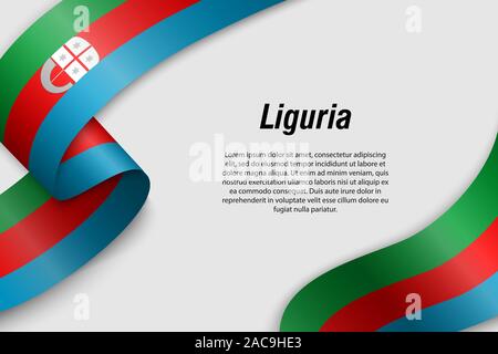 Waving ribbon or banner with flag of Liguria. Region of Italy. Template for poster design Stock Vector