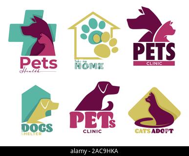 Pets vet clinic and shelter isolated icons, dog and cat Stock Vector