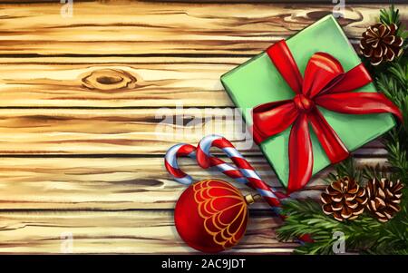Beautiful Christmas decorations on wooden background, Christmas greeting card, symbol of Christmas and new year, art illustration painted with waterco Stock Photo