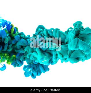 Colorful cloud of blue, green and tourquoise ink on white background. Abstract creative background. Stock Photo