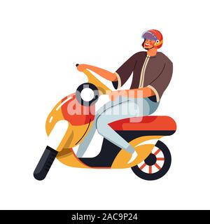Man in helmet on moped, isolated character riding scooter Stock Vector