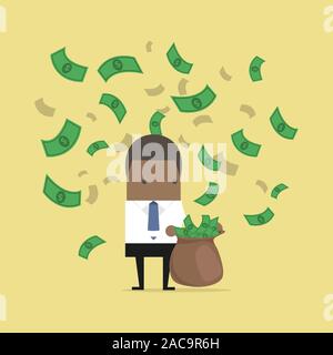 African businessman catching money in a sack. Stock Vector