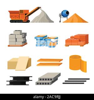 Materials for building and truck or concrete mixer isolated icons Stock Vector