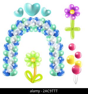 Birthday party isolated icons, balloons arch and flowers Stock Vector
