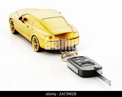 Car remote key connected to golden luxury car model. 3D illustration. Stock Photo