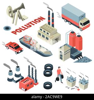 Air and water pollution, plants and transport, litter and smoke, isolated icons Stock Vector