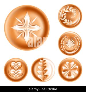 Coffee foam drawing isolated icons, floral pattern and hearts Stock Vector