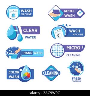 Washing machine and laundry isolated icons, wash powder properties Stock Vector