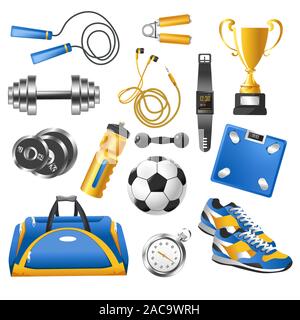 Gym sport equipment isolated icons, sporting items Stock Vector