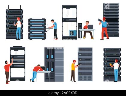 Server racks, digital information and data center isolated icons Stock Vector