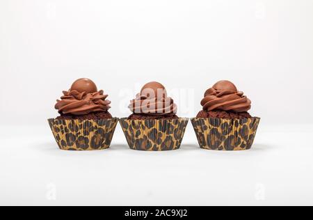 Three chocolate cup cakes with icing and leopard print cases photographed in a row on a white background Stock Photo