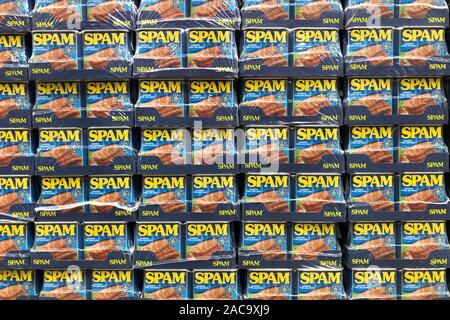 TINS OF SPAM PORK LUNCHEON MEAT, LONDON – JULY 06 2019, Tins or cans of Spam pork luncheon meat, concept photo for unwanted spam or junk email Stock Photo