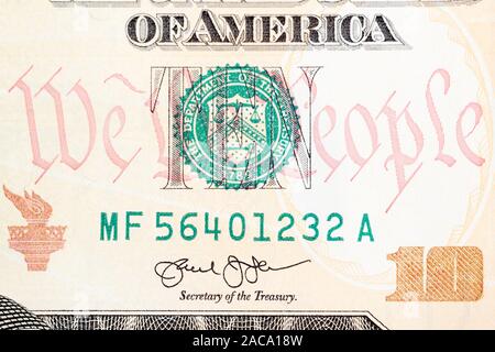 New American ten dollar bill some details of the new design in extremely high resolution. Stock Photo