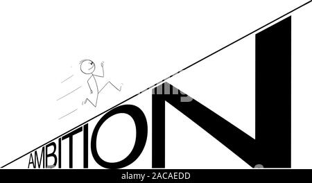 Vector cartoon stick figure drawing conceptual illustration of man or businessman running up the ambition hill. Career or business concept. Stock Vector