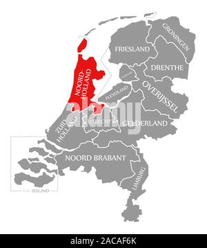 Noord Holland red highlighted in map of Netherlands Stock Photo