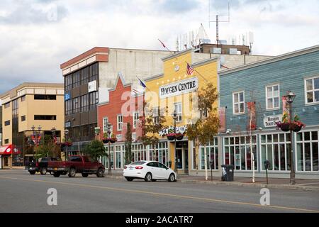 Building facades on Main Street in Whitehorse, the Yukon, Canada. The buildings have wooden facades reminiscent of Gold Rush era edifices. Stock Photo