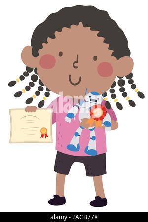 Illustration of a Kid Girl Holding a Robot with an Award Ribbon and Certificate Stock Photo