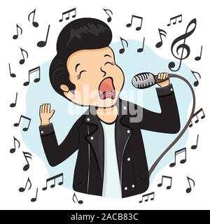 Guy sing into the microphone, cartoon character, hand drawing sticker. Boy in black leather jacket holds a microphone in his hand, isolated on white b Stock Vector