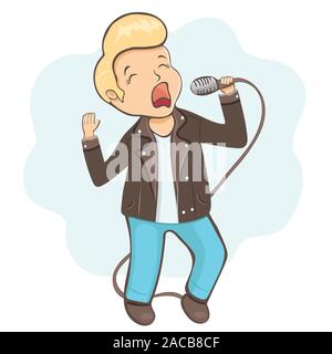 Man singing into a microphone, cartoon character, hand drawing sticker. Boy with hair laid in a coc in leather jacket holds a microphone in his hand, Stock Vector