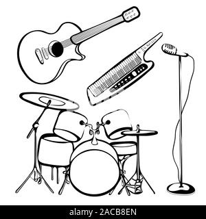 Set of musical instruments, outline hand drawing, black and white sketch, rock and roll icon, silhouette. Drum kit, synthesizer, guitar, microphone is Stock Vector