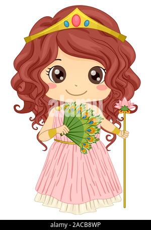 Illustration of a Kid Girl Wearing Hera Costume Holding a Peacock Fan and Floral Stick Stock Photo