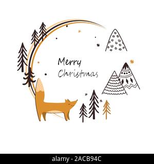 Christmas stylish card with cute fox, doodle mountains, and trees. Round frame isolated on white. Doodle sketch. Vector illustration Stock Vector