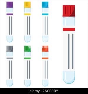 Glass or plastic empty test tubes icon set without liquid with colored caps, sticker isolated on white background. Stock Vector