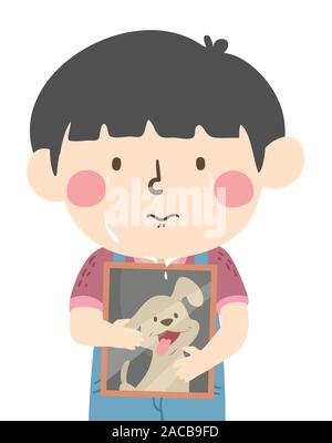 Illustration of a Kid Boy Crying and Hugging a Picture Frame of His Pet Dog Stock Photo