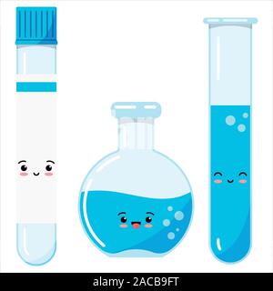 Emoji glass test tubes and flack icon set with blue liquid reagents with bubbles isolated on white background. Stock Vector