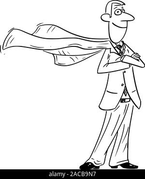 Vector funny comic cartoon drawing of confident businessman superhero posing with flying cape. Stock Vector