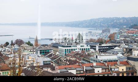 Geneva, Switzerland. Panoramic bird eye view cityscape of old central city district. Geneva Lake with fountain Stock Photo