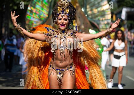 Paraiso School of Samba performing at Notting Hill Carnival, London, UK, Monday August 26 2019. Stock Photo