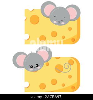 Cute mouse pick out of cheese set isolated on white background. Stock Vector