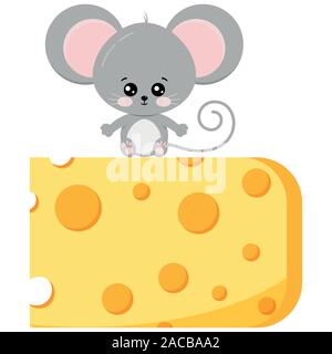 Cute baby mouse on piece of cheese vector flat design image isolated on white background. Stock Vector