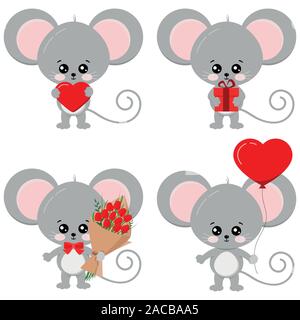 Cute lovely mouse set isolated on white background - with red heart, heart shape ballon, flowers, gift. Stock Vector