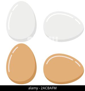 Eggs icon set isolated on white background. Fresh or boiled white and light brown bird eggs lie and stand vector flat design illustration. Chicken egg Stock Vector