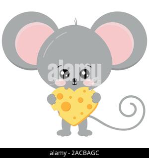 Cute mouse and heart shape piece of cheese in paws vector illustration. Stock Vector